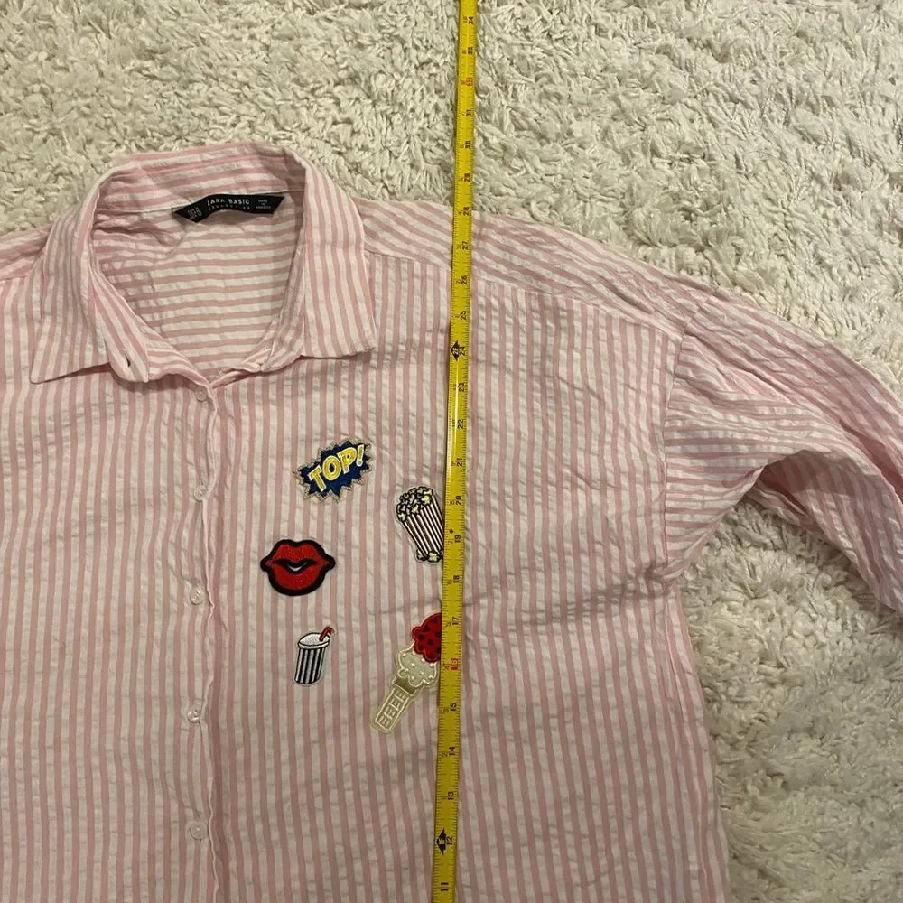Zara Basic Pink White Striped Seersucker Patch High Low Button Down Shirt XL